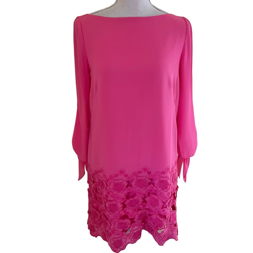 Tahari ASL Bubblegum Pink Shift Dress with Long Tie Sleeves and Lace Hem - Picture 1 of 10